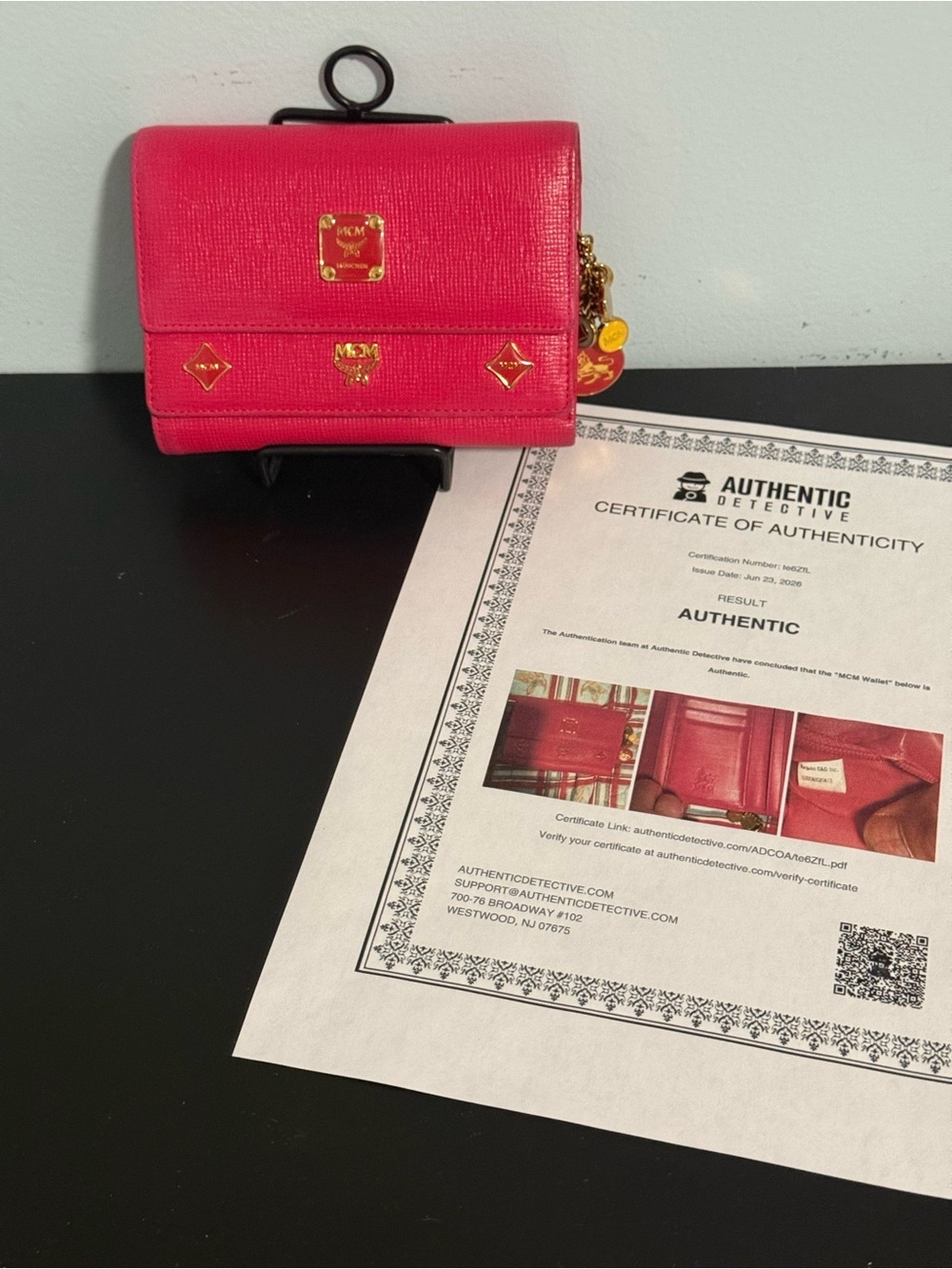 MCM Hot Pink Leather Trifold Wallet Gold Accents and attached Charm w/COA! 😍😍